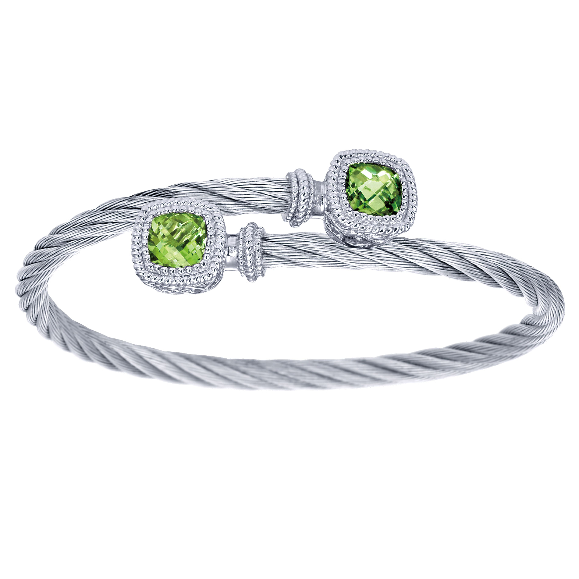 Sterling Silver and Twisted Cable Stainless Steel Peridot Stone Bypass Bangle
