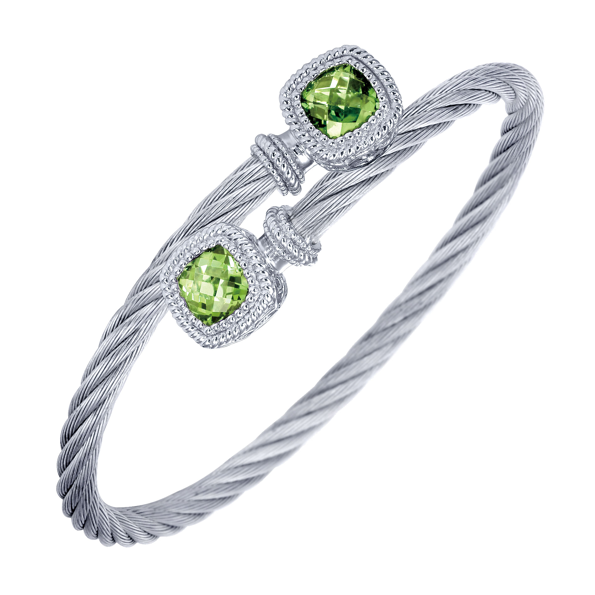 Sterling Silver and Twisted Cable Stainless Steel Peridot Stone Bypass Bangle