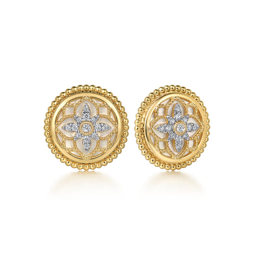 Stud Earrings 14K Yellow Gold Diamond and White Mother of Pearl 0.13ct Bujukan