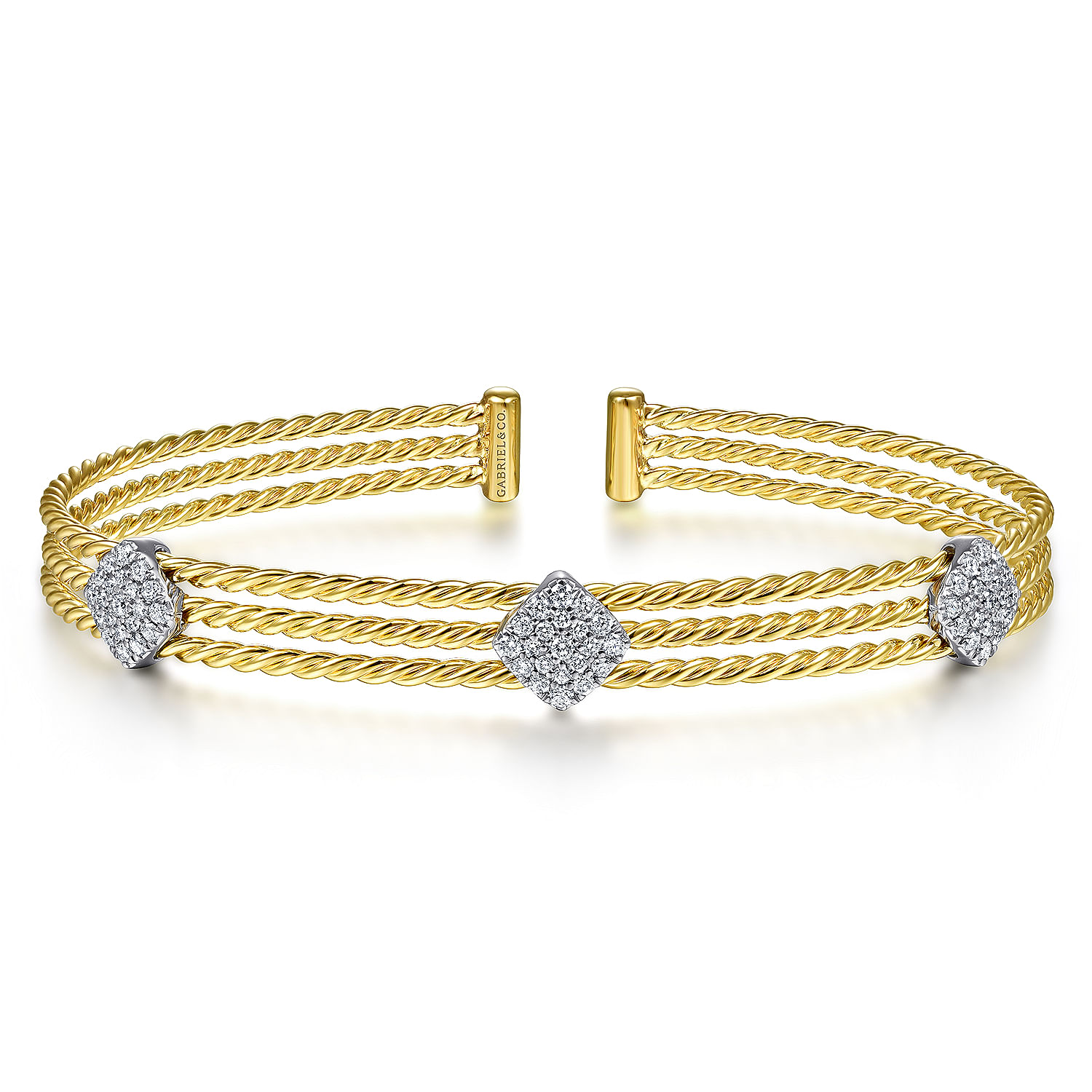 Twisted 14K Yellow Gold Bangle with Three White Gold Diamond Pavé Stations