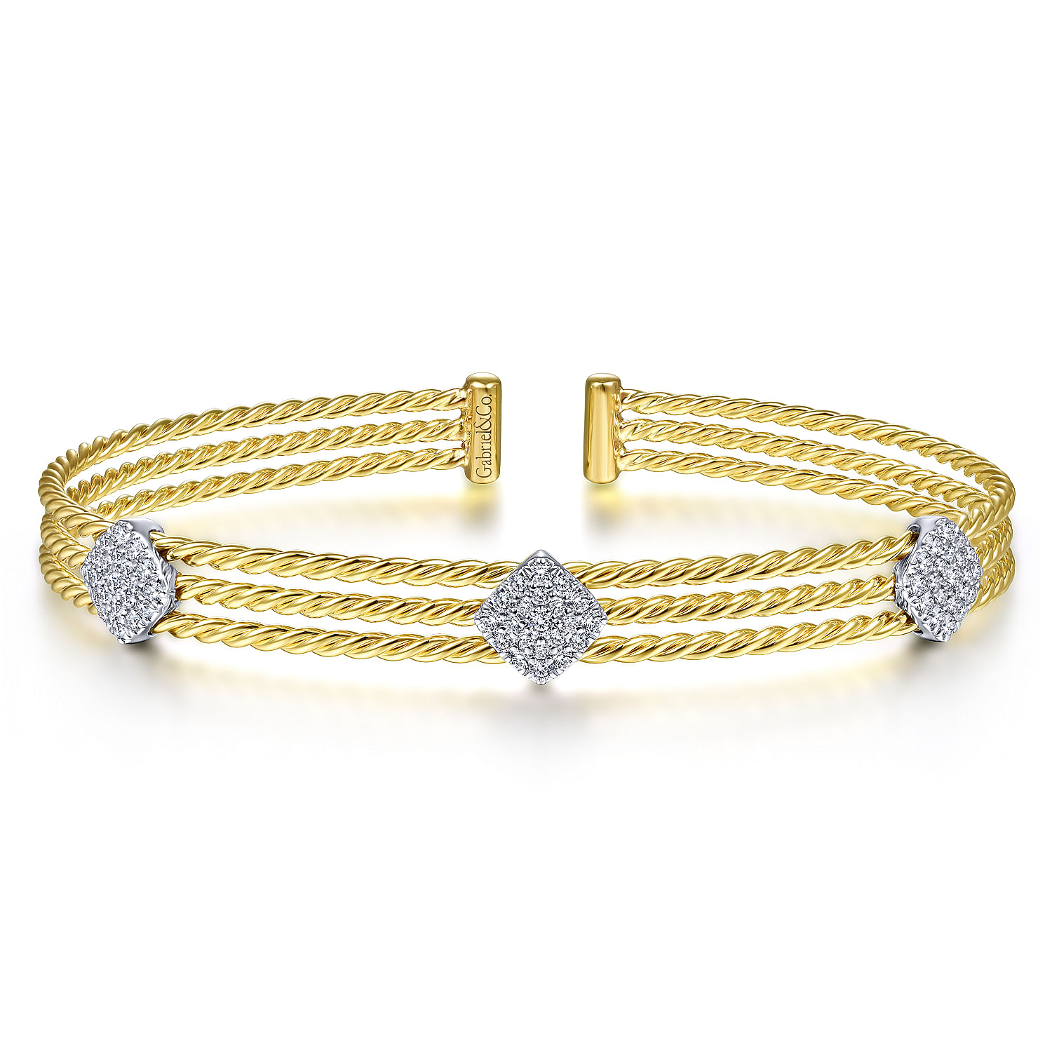 Twisted 14K Yellow Gold Bangle with Three White Gold Diamond Pavé Stations