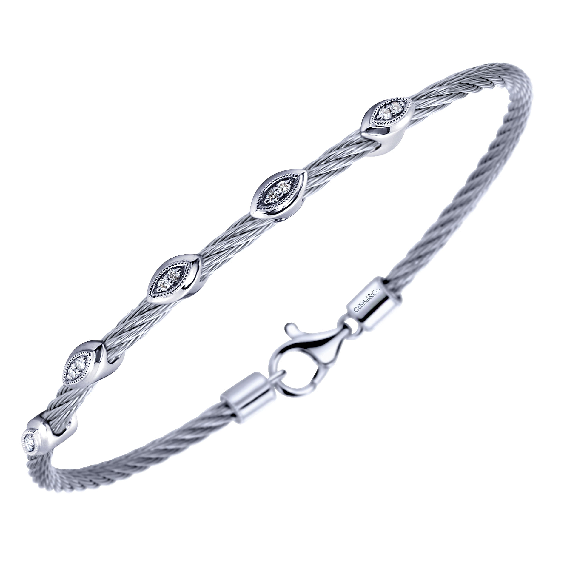 Twisted Cable Stainless Steel Bangle with Marquise Shape Sterling Silver and Diamond Stations