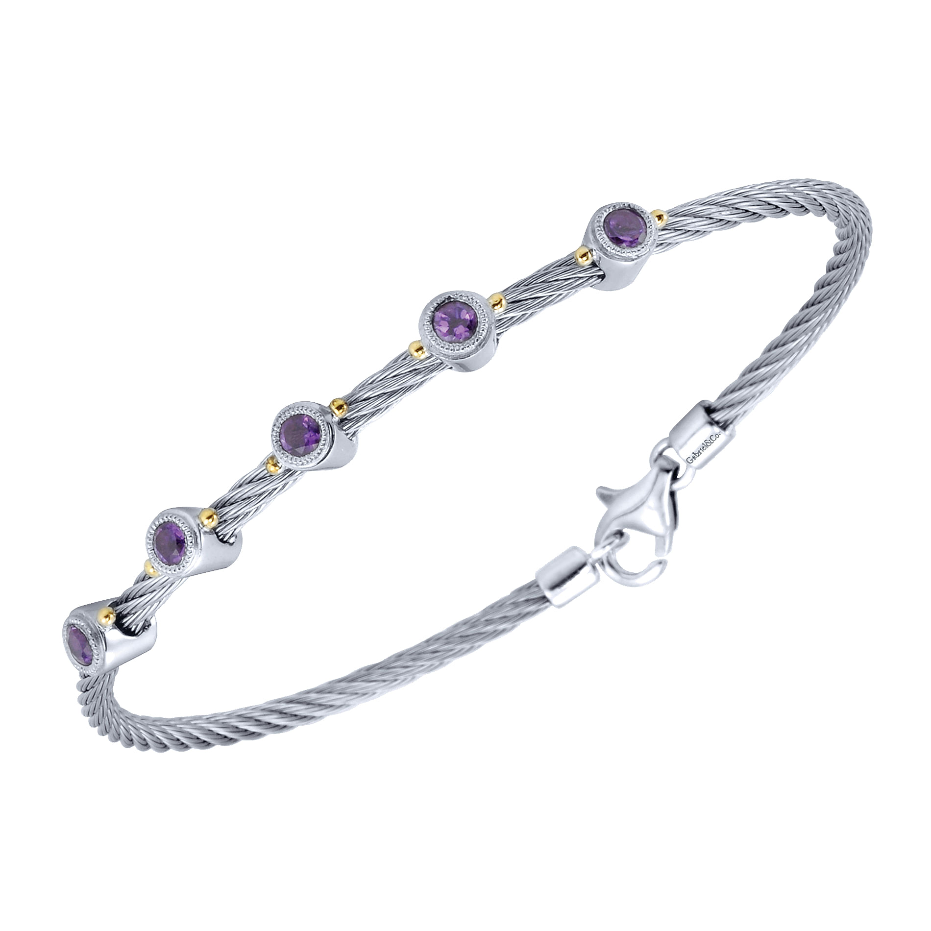 Twisted Cable Stainless Steel Bangle with Sterling Silver Amethyst Stations