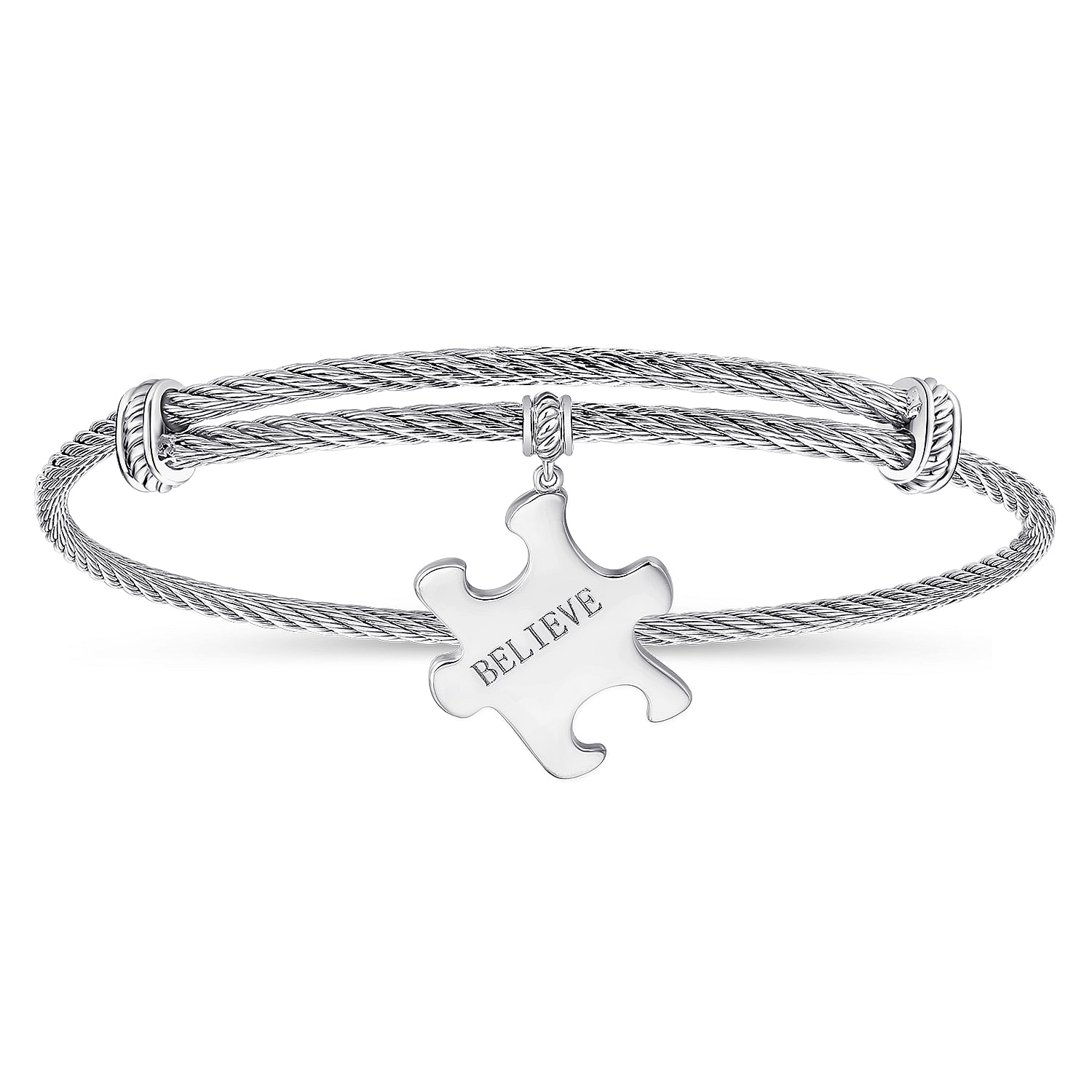 Twisted Cable Stainless Steel Bangle with Sterling Silver Believe Puzzle Piece Charm