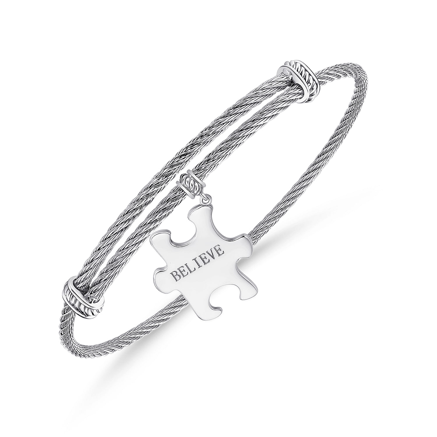 Twisted Cable Stainless Steel Bangle with Sterling Silver Believe Puzzle Piece Charm