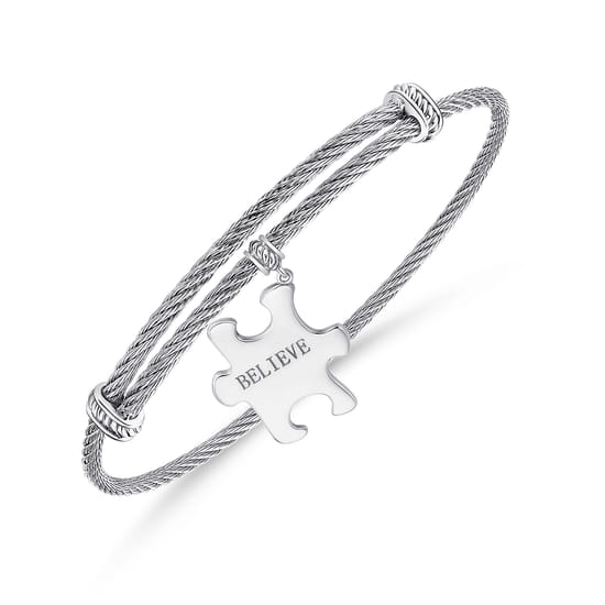 Twisted Cable Stainless Steel Bangle with Sterling Silver Believe Puzzle Piece Charm angle 2