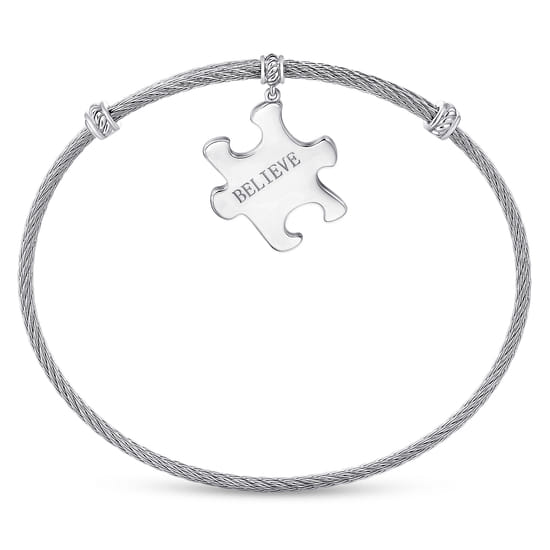 Twisted Cable Stainless Steel Bangle with Sterling Silver Believe Puzzle Piece Charm angle 3