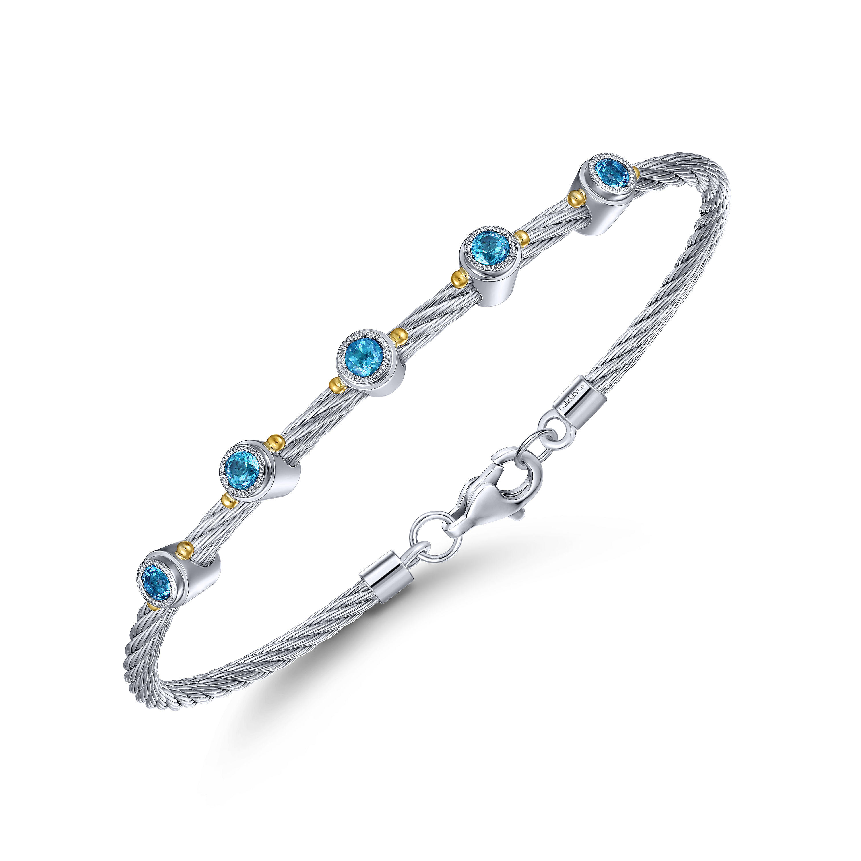 Twisted Cable Stainless Steel Bangle with Sterling Silver Blue Topaz Stations