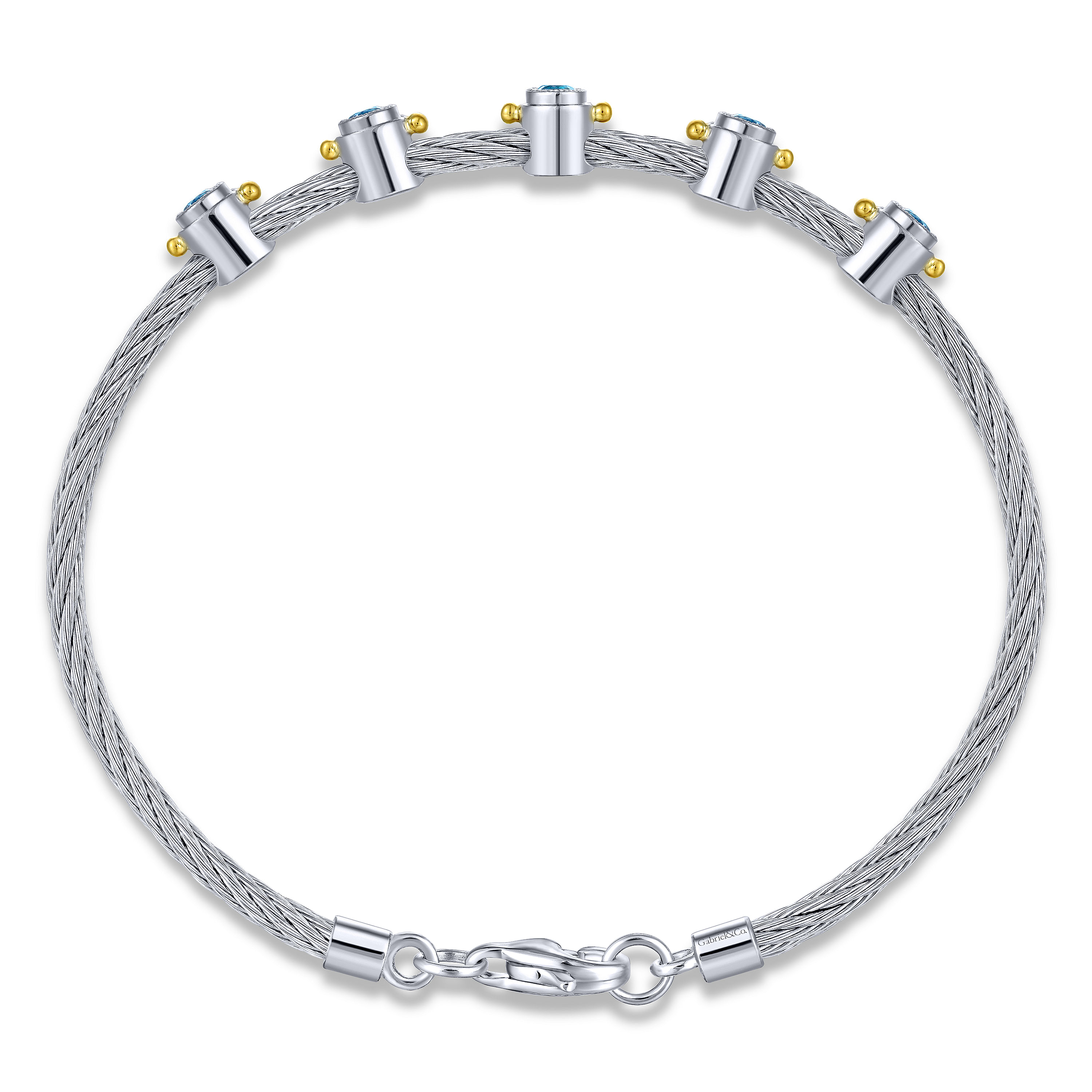 Twisted Cable Stainless Steel Bangle with Sterling Silver Blue Topaz Stations