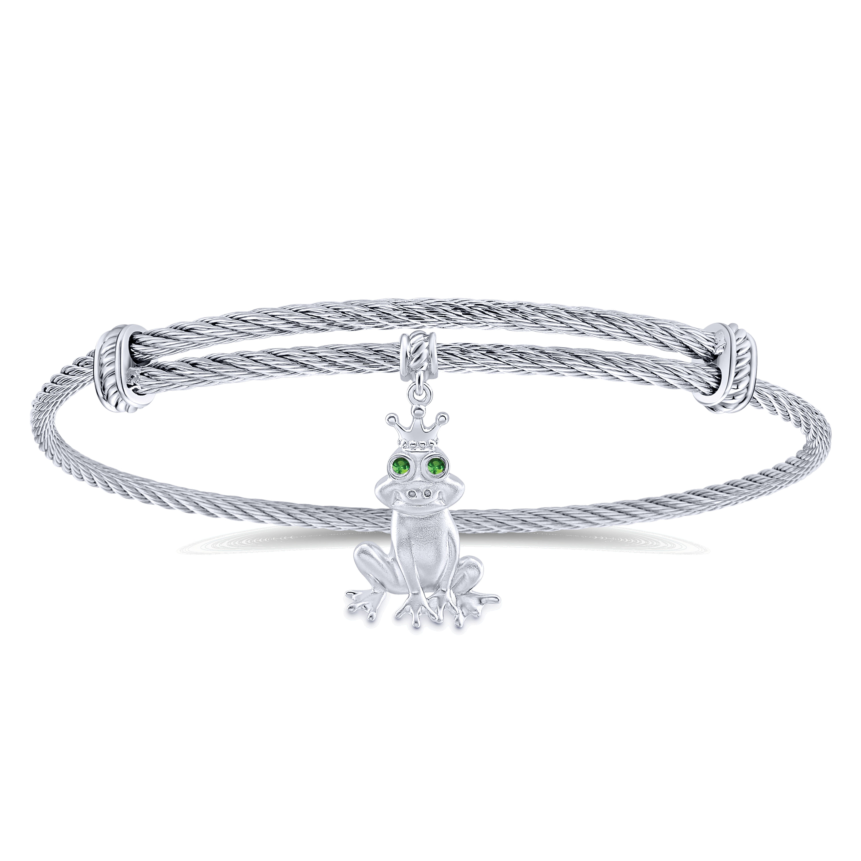 Twisted Cable Stainless Steel Bangle with Sterling Silver Emerald Eye Frog Charm