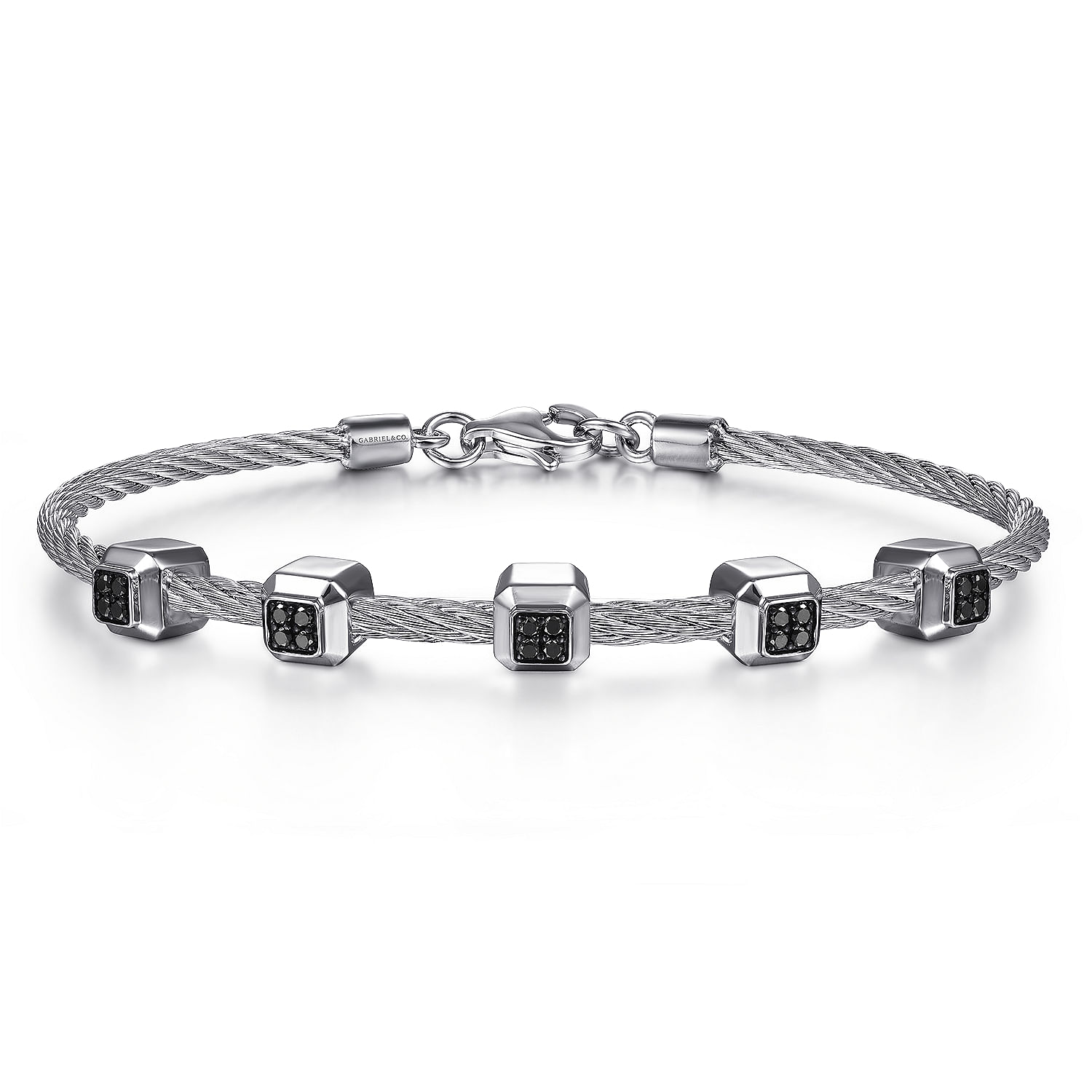 Twisted Cable Stainless Steel Bangle with Sterling Silver and Black Diamond Square Stations