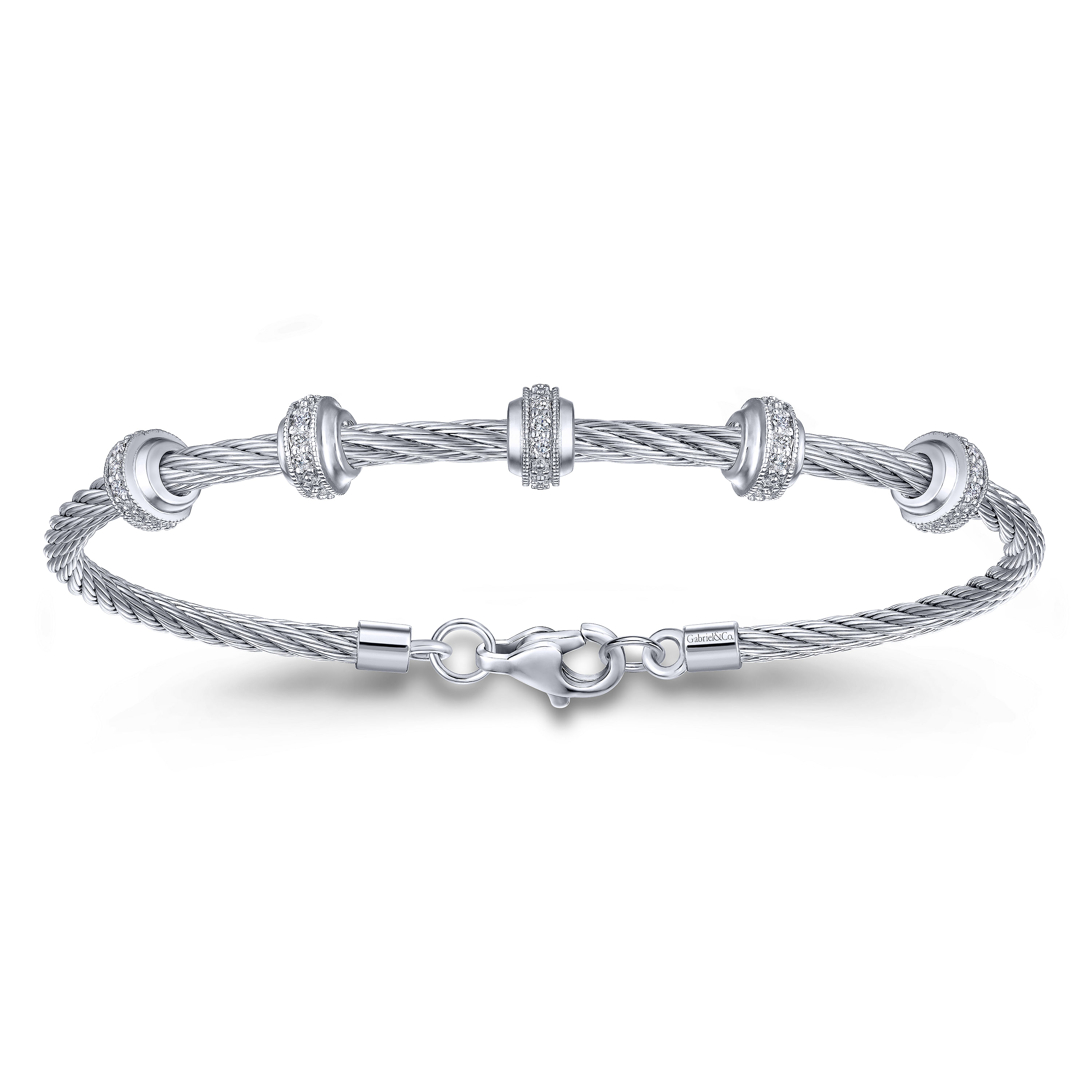 Twisted Cable Stainless Steel Bangle with Sterling Silver and Diamond Rondelle Stations