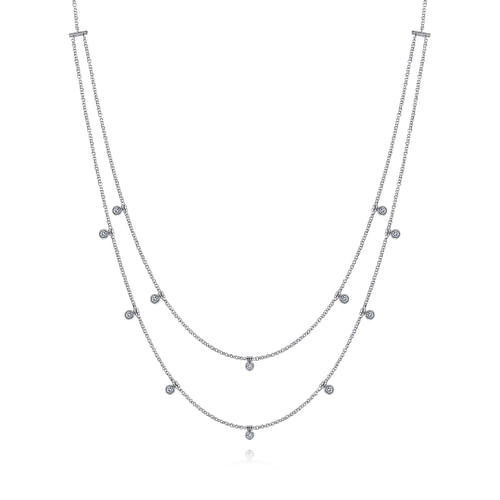 Two Row 14K White Gold Necklace with Diamond Drops