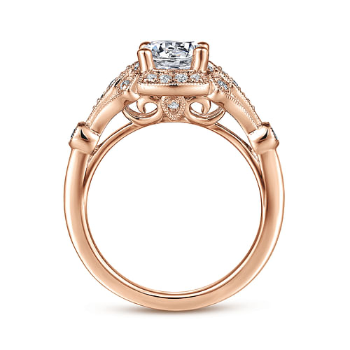 Unique 14K Rose Gold Art Deco Halo Diamond Engagement Ring