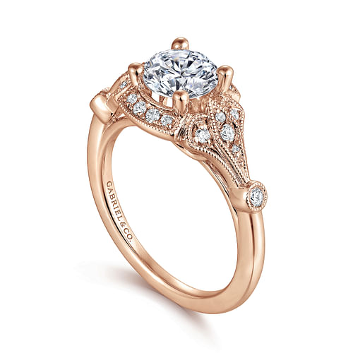 Unique 14K Rose Gold Art Deco Halo Diamond Engagement Ring