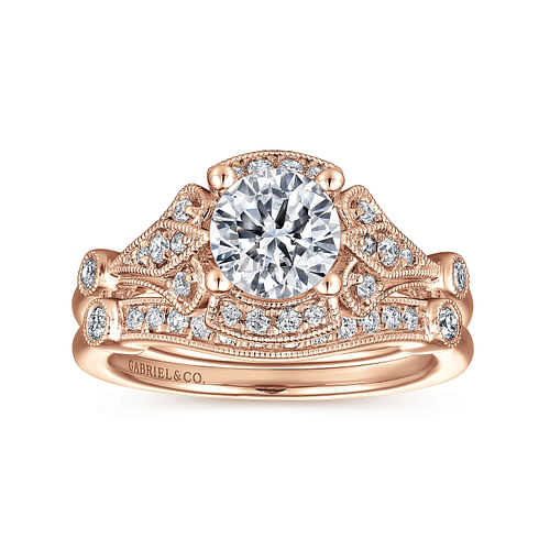 Unique 14K Rose Gold Art Deco Halo Diamond Engagement Ring