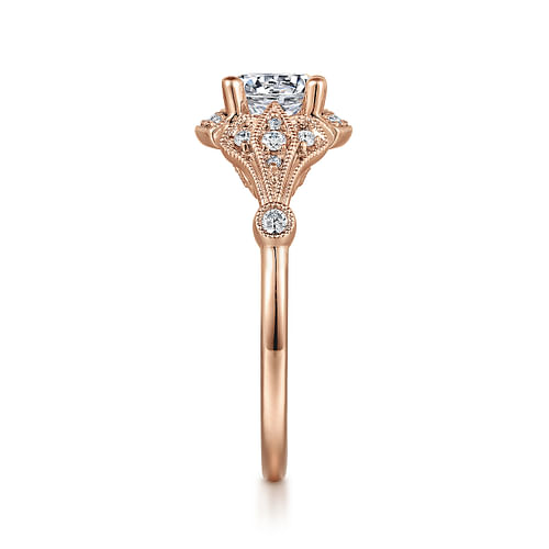 Unique 14K Rose Gold Art Deco Halo Diamond Engagement Ring