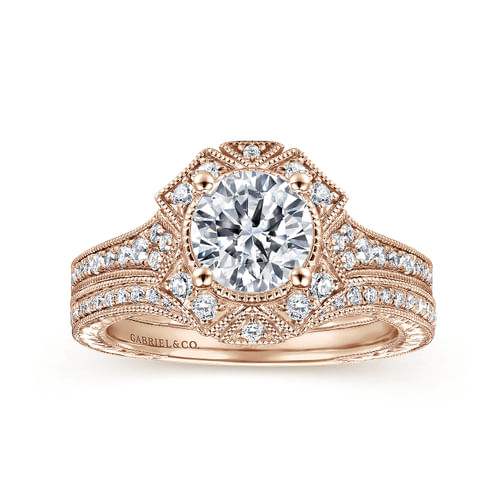 Unique 14K Rose Gold Art Deco Halo Diamond Engagement Ring