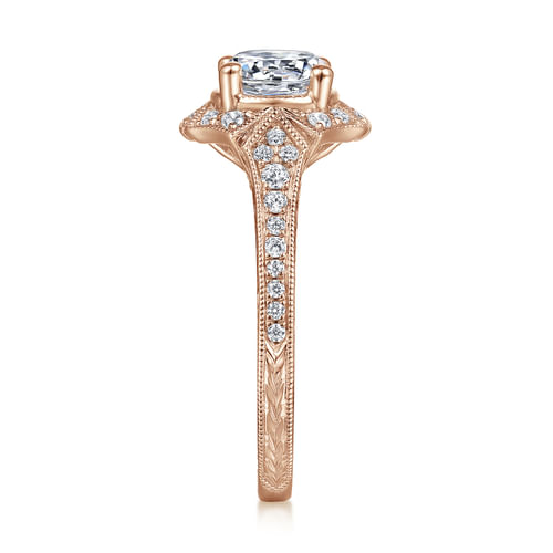 Unique 14K Rose Gold Art Deco Halo Diamond Engagement Ring