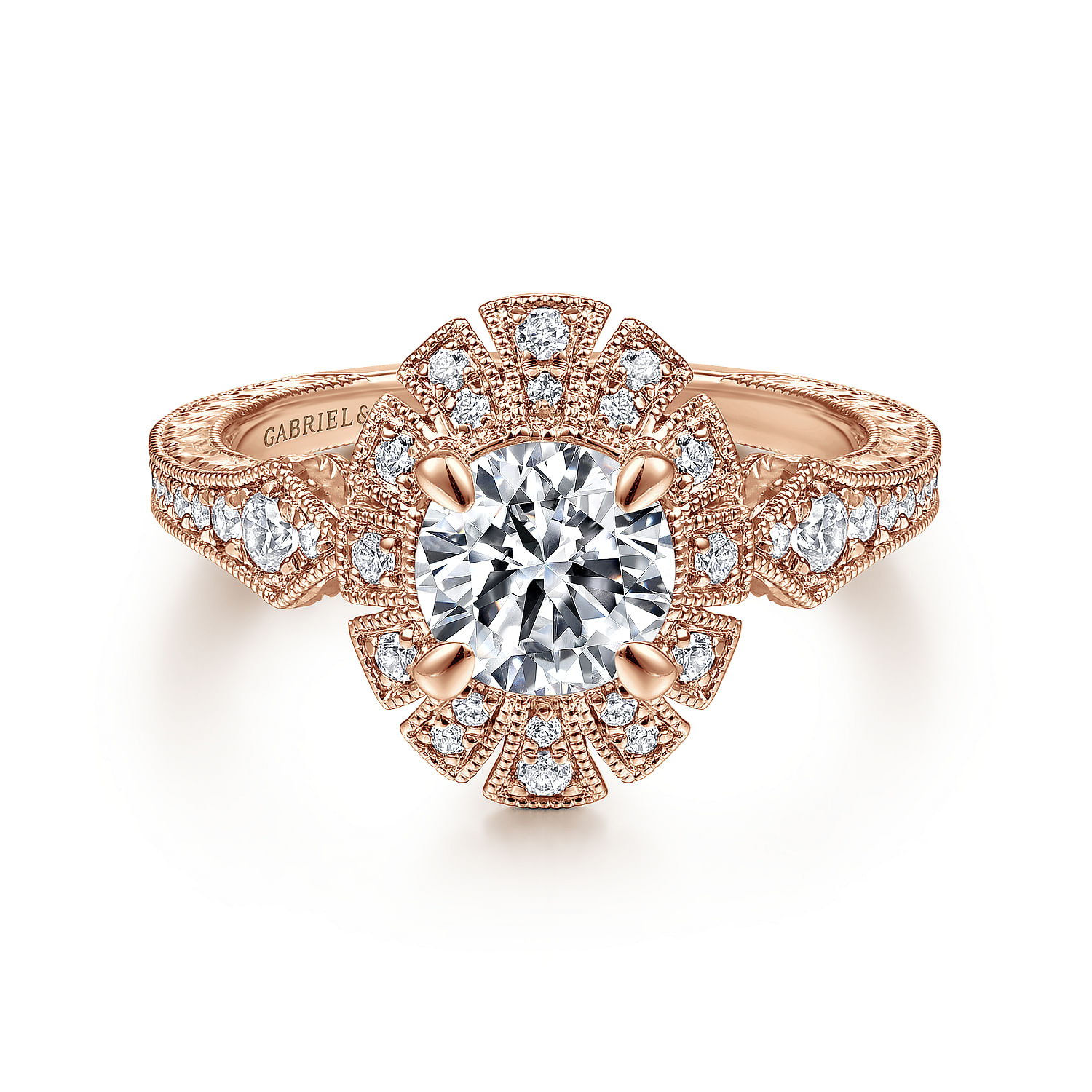 Unique 14K Rose Gold Art Deco Halo Diamond Engagement Ring