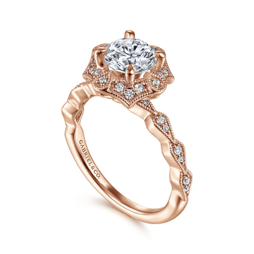 Unique 14K Rose Gold Art Deco Halo Diamond Engagement Ring