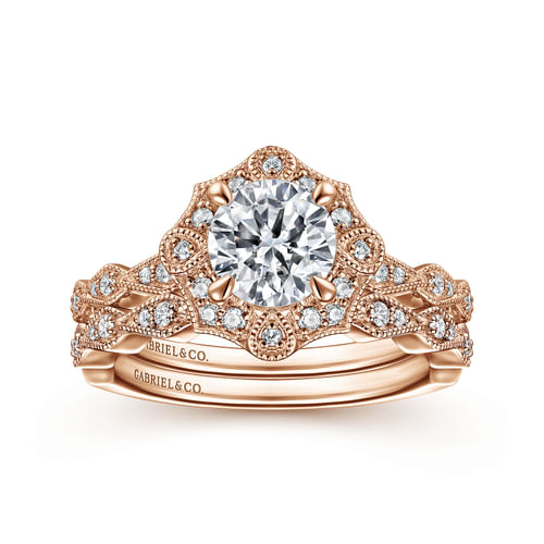 Unique 14K Rose Gold Art Deco Halo Diamond Engagement Ring