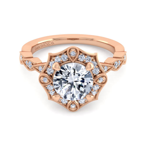 Unique 14K Rose Gold Art Deco Halo Diamond Engagement Ring