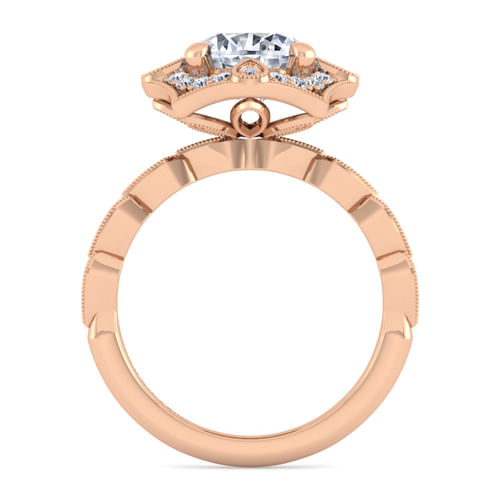 Unique 14K Rose Gold Art Deco Halo Diamond Engagement Ring