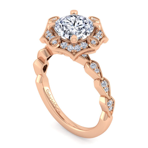 Unique 14K Rose Gold Art Deco Halo Diamond Engagement Ring