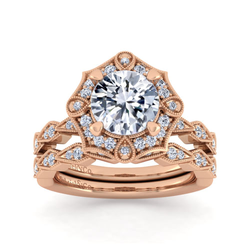 Unique 14K Rose Gold Art Deco Halo Diamond Engagement Ring