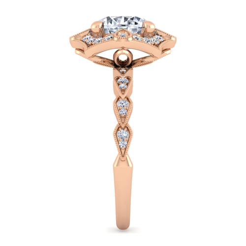 Unique 14K Rose Gold Art Deco Halo Diamond Engagement Ring