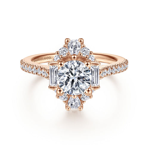 Unique 14K Rose Gold Art Deco Halo Diamond Engagement Ring