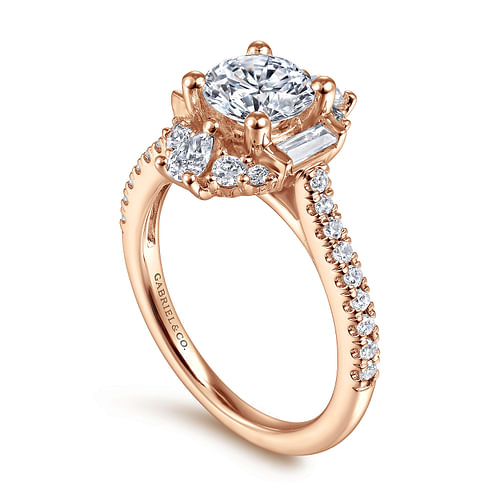 Unique 14K Rose Gold Art Deco Halo Diamond Engagement Ring