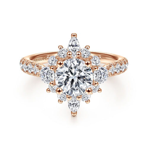 Unique 14K Rose Gold Round Halo Diamond Engagement Ring