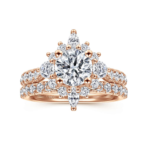 Unique 14K Rose Gold Round Halo Diamond Engagement Ring