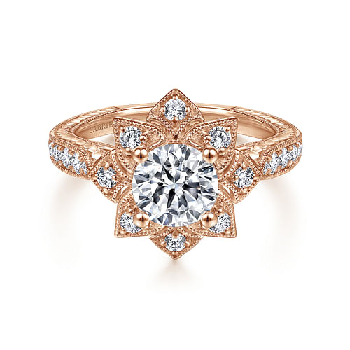 Unique 14K Rose Gold Round Halo Diamond Engagement Ring