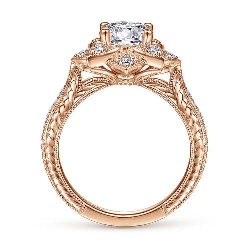 Unique 14K Rose Gold Round Halo Diamond Engagement Ring