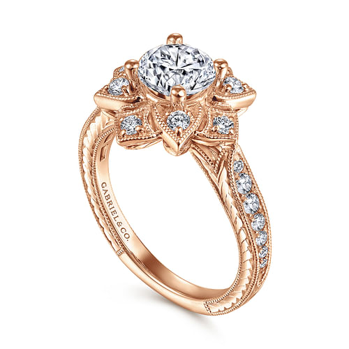 Unique 14K Rose Gold Round Halo Diamond Engagement Ring