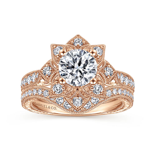 Unique 14K Rose Gold Round Halo Diamond Engagement Ring
