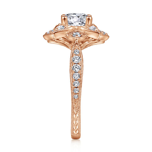 Unique 14K Rose Gold Round Halo Diamond Engagement Ring