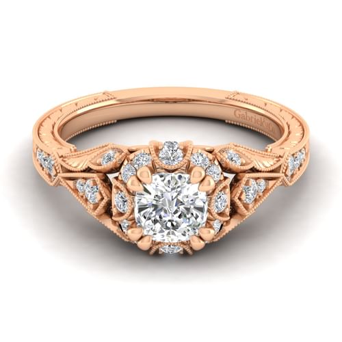 Unique 14K Rose Gold Vintage Inspired Cushion Halo Diamond  Engagement Ring