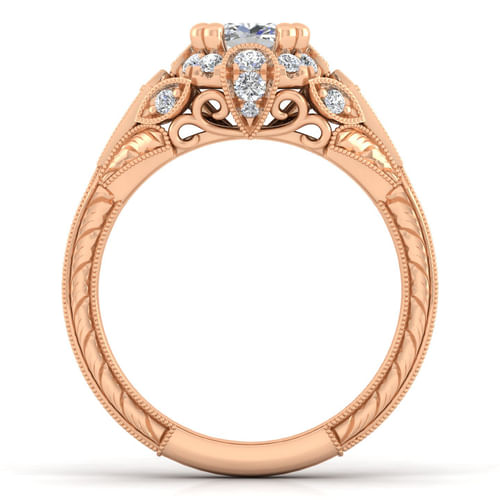 Unique 14K Rose Gold Vintage Inspired Cushion Halo Diamond  Engagement Ring