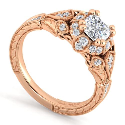 Unique 14K Rose Gold Vintage Inspired Cushion Halo Diamond  Engagement Ring