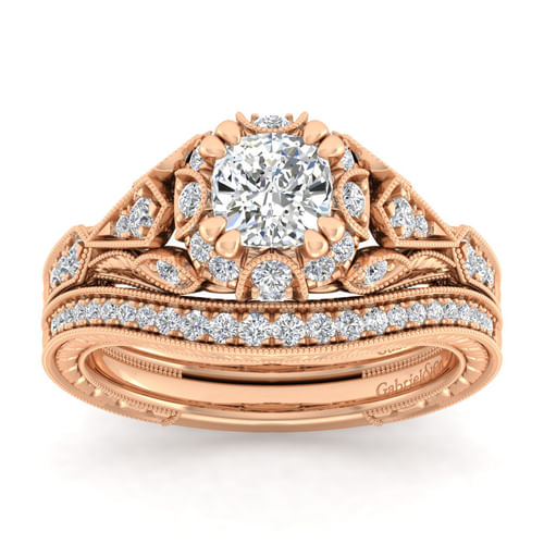 Unique 14K Rose Gold Vintage Inspired Cushion Halo Diamond  Engagement Ring