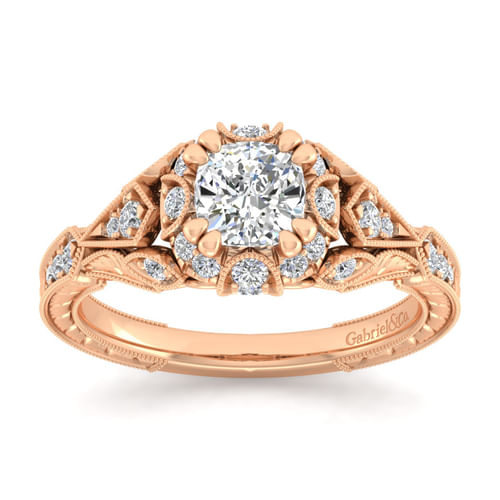 Unique 14K Rose Gold Vintage Inspired Cushion Halo Diamond  Engagement Ring