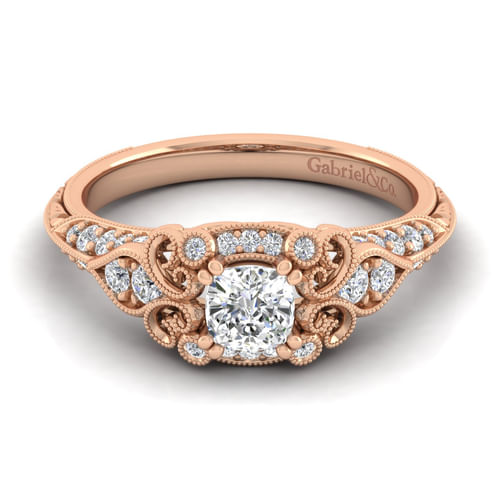 Unique 14K Rose Gold Vintage Inspired Cushion Halo Diamond Engagement Ring