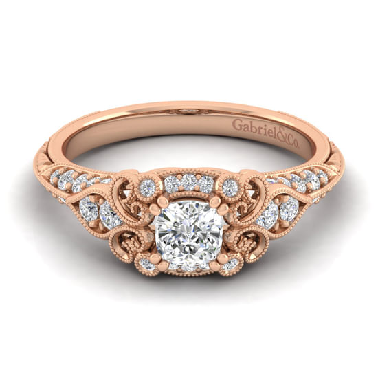 Gabriel - Unique 14K Rose Gold Vintage Inspired Cushion Halo Diamond Engagement Ring