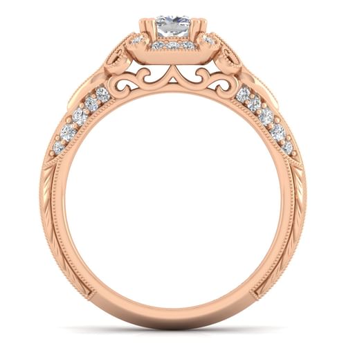 Unique 14K Rose Gold Vintage Inspired Cushion Halo Diamond Engagement Ring