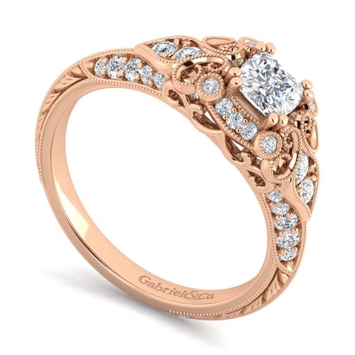 Unique 14K Rose Gold Vintage Inspired Cushion Halo Diamond Engagement Ring