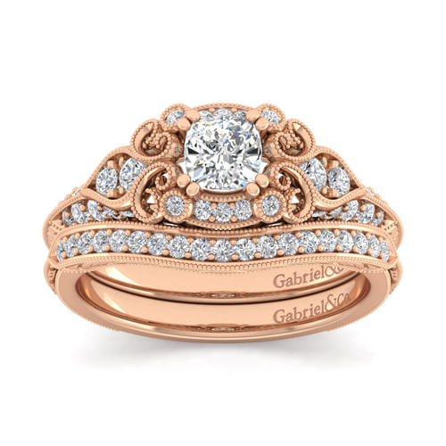 Unique 14K Rose Gold Vintage Inspired Cushion Halo Diamond Engagement Ring